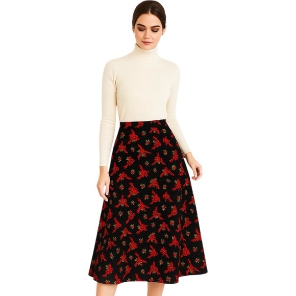 Nut Cracker Dresses & Skirts - Vintage Holiday Bow & Holly Print Midi Skirt Sz Large Black Red Festive A-Line